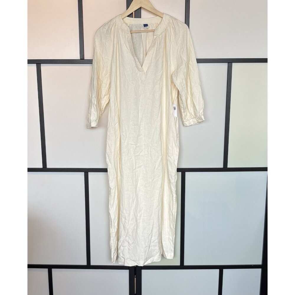 Old Navy Linen Blend Midi Dress Women LARGE Cream Lagenlook Beach Coastal Preppy